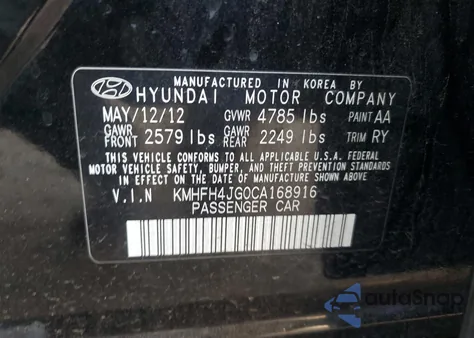 2012 Hyundai Azera Gls from USA, damaged, VIN KMHFH4JG0CA168916